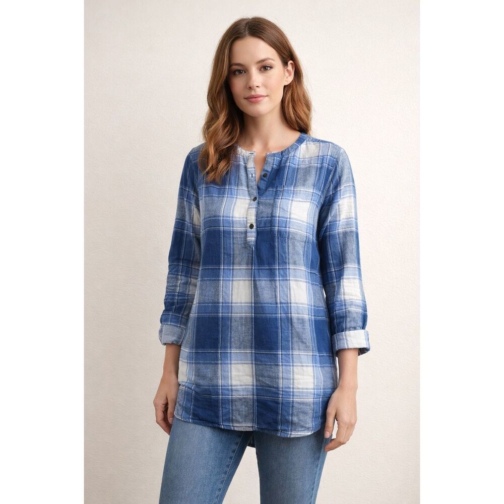 Old Navy Blue Plaid Linen Blend Tunic Top Women Medium